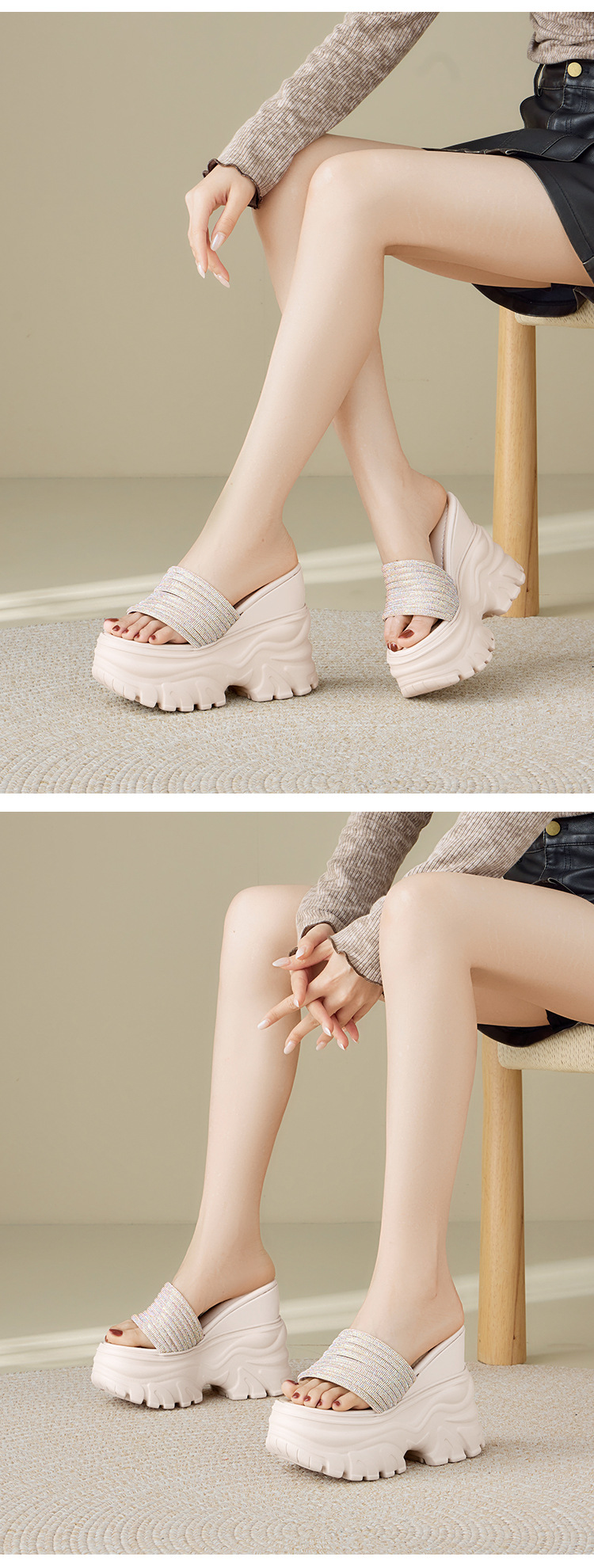Sandal cao gót nữ đính đá quai ngang đế dày platform gót 9 cm — màu đen, màu trắng ngà chi tiết 10