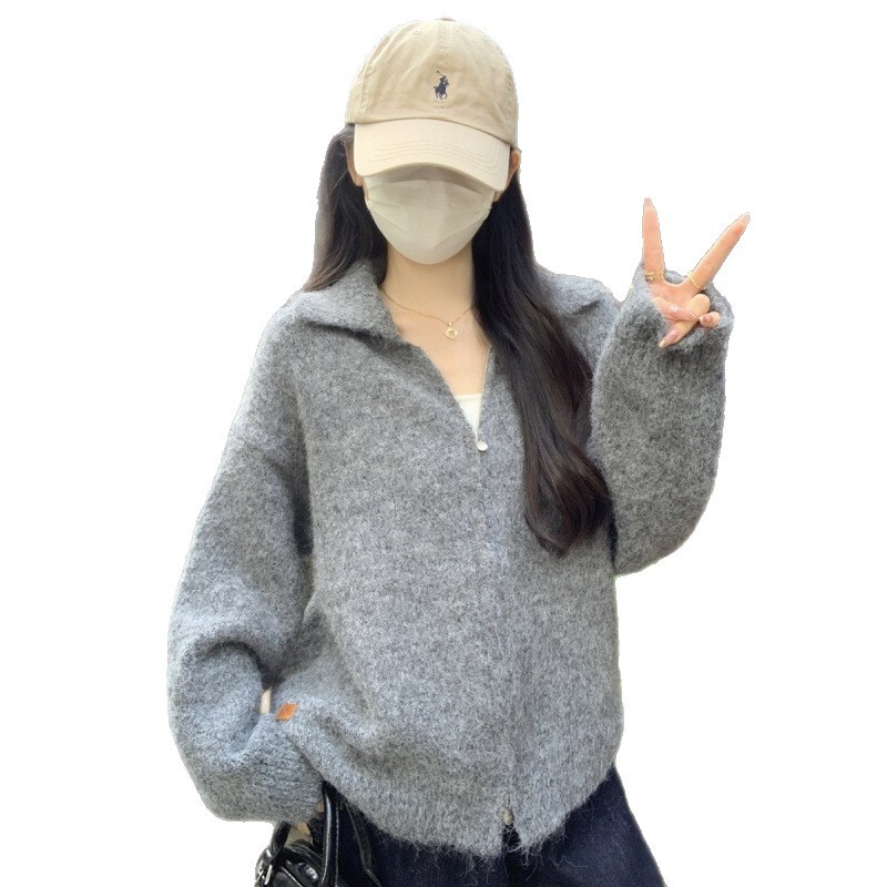 YS秋冬韩版宽松polo领双拉链慵懒毛衣外套女时尚休闲针织开衫外穿|undefined