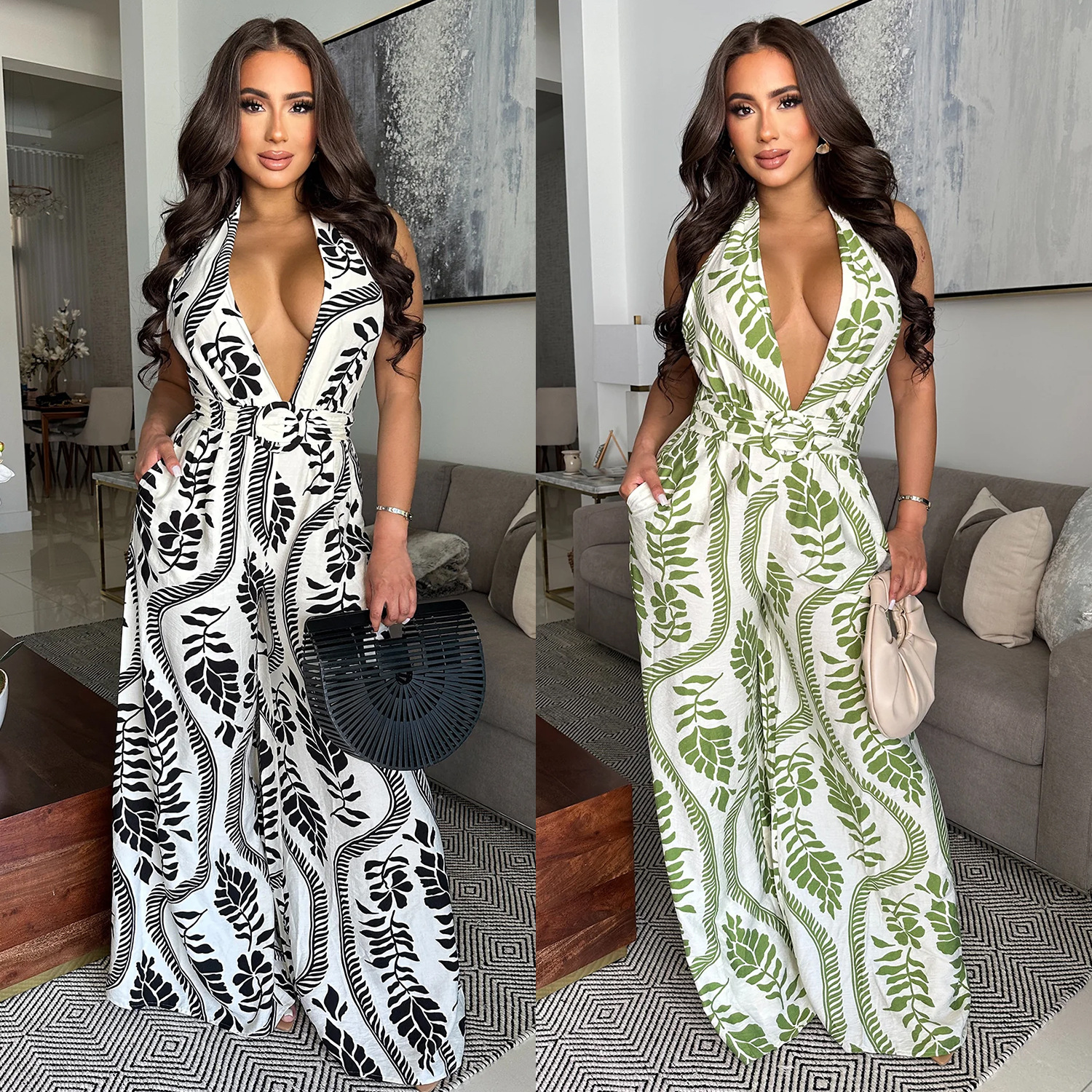 C7310 Aliexpress transfronterizo Amazon Europa y los Estados Unidos moda de mujer casual sexy cuello profundo v pantalones de impresión de espalda abierta