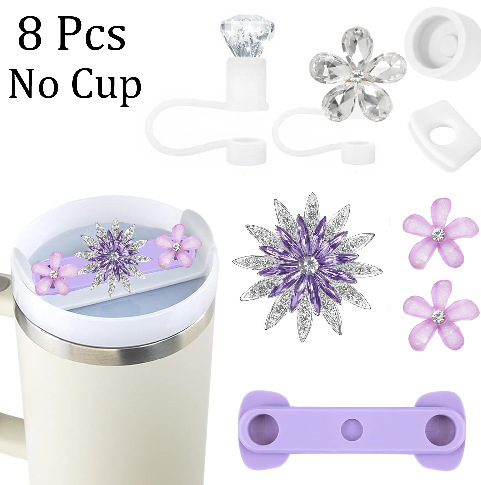 7pcs taza Stanley cuerda de mano colgante de silicona flor tapa de pajita bola de felpa colgante de copa cadena de taza de color