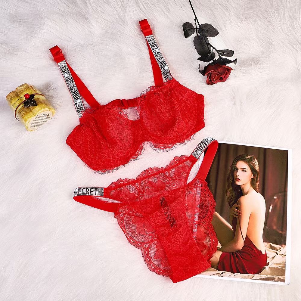 Set di reggiseno con diamanti caldi in pizzo regolabile con supporto superiore perizoma intimo da donna ultrasottile_voghion.com