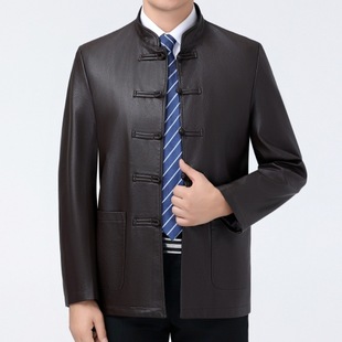 Haining Genuine Leather Jacket Men's Zhongshan Suit Guofeng New Spring and Autumn Motorcycle Vertical Collar Leather Jacket Coat Tang Suit with Buckle