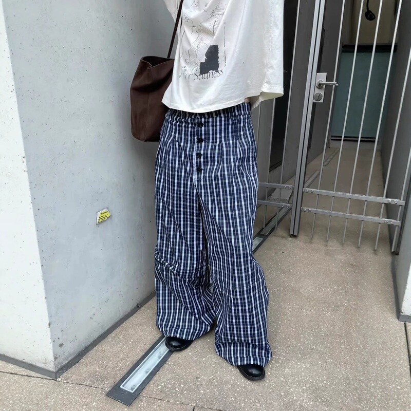 New Plaid Loose Cleanfit Wide-Leg Removable Multi-Button Mid-Low Waist Casual Pants Unisex