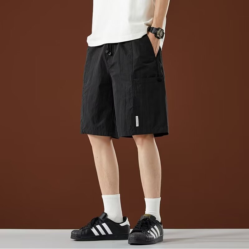 Chinese Style Shorts Men's Summer Thin Loose Straight Solid Color Casual Pants Drawstring Loose Sports Pants