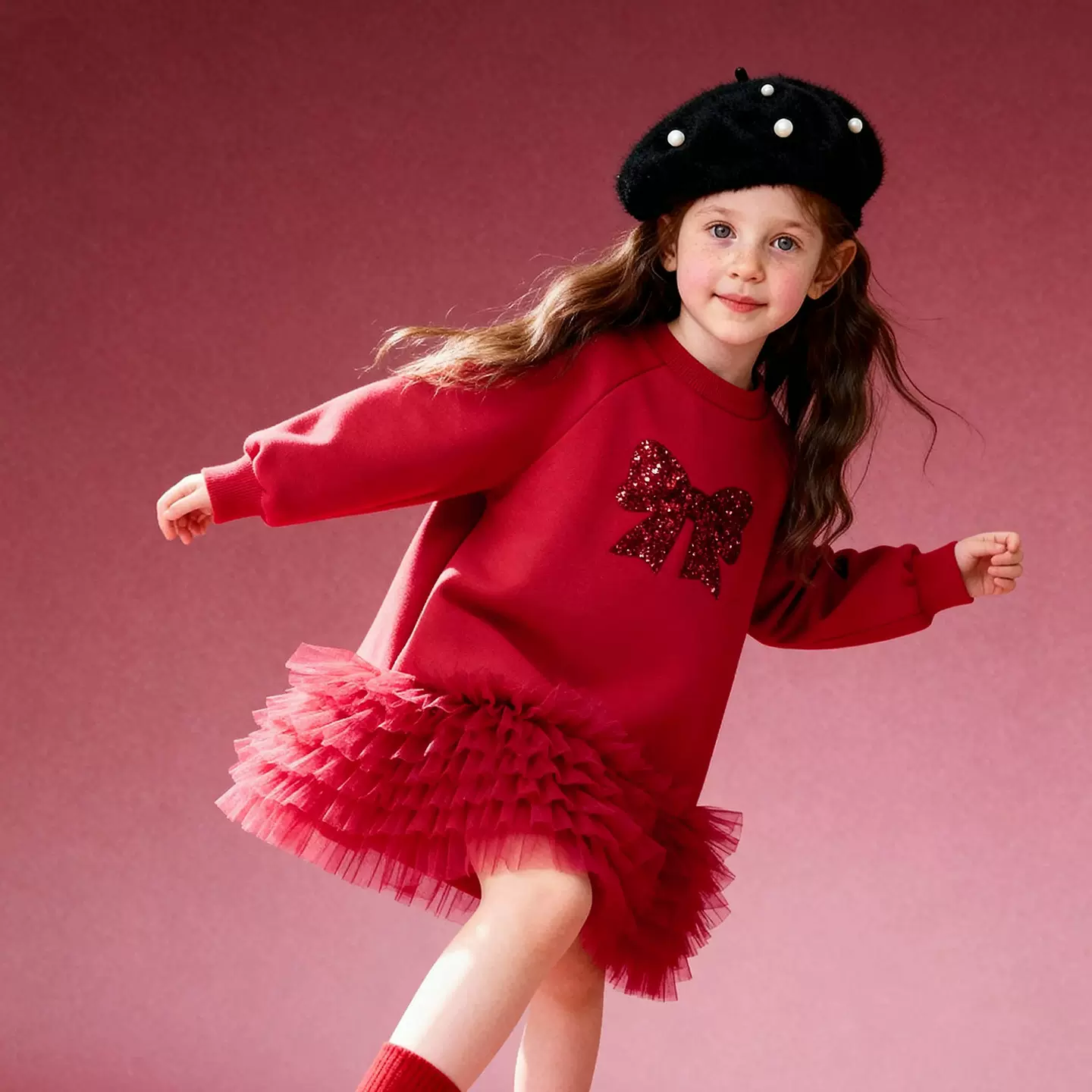 童贝童装2025年冬季新款女童连衣裙公主风网纱拼接甜美时尚儿童裙