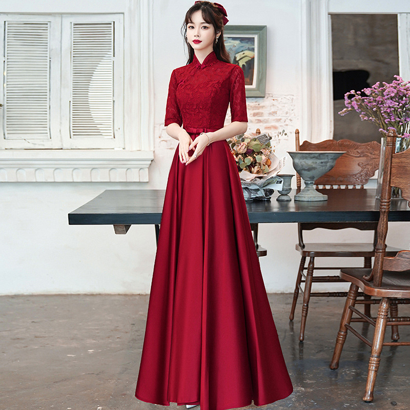 Chinese Style Toast Dress Bride Cheongsam Wedding Home Autumn and Winter Long Sleeve Wine Red Engagement Evening Dress Dress for Women