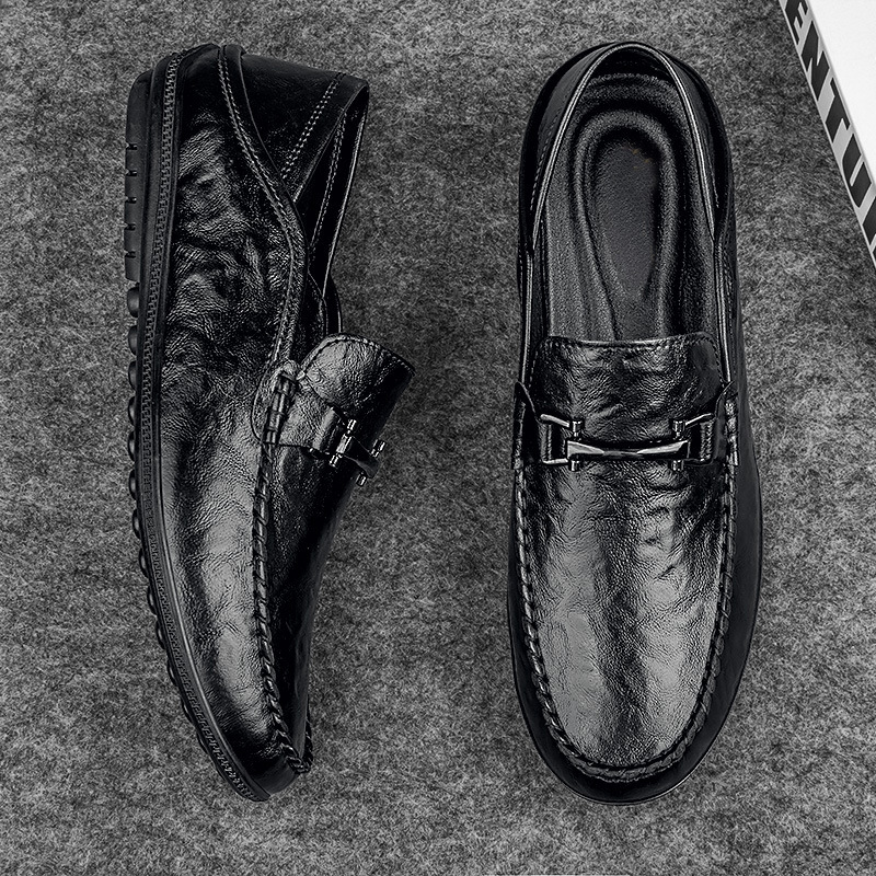 Zapatos de cuero para hombres comerciales de estilo británico, zapatos de cuero casuales de suela suave para hombres, zapatos de frijol negros, zapatos de moda.