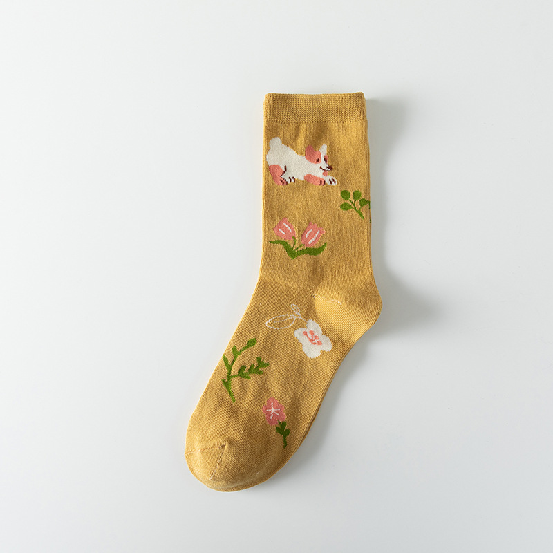 Mediados de la pantorrilla calcetines de algodón de las mujeres otoño e invierno japonés pequeña flor de color a juego calcetines de algodón de las mujeres absorbentes del sudor ins marea calcetines de algodón al por mayor