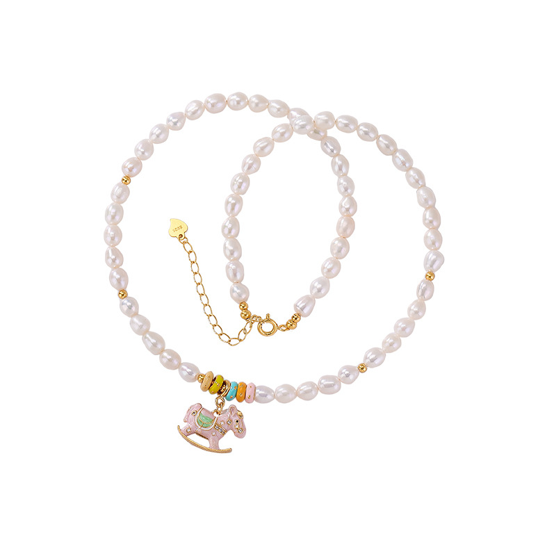 Vòng cổ ngọc trai nước ngọt tự nhiên bạc S925 men màu họa tiết ngựa gỗ — Một chiếc