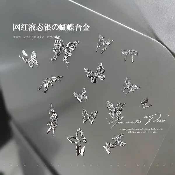 Nail Art Diamond Jewelry Y2k Liquid Silver Alloy Butterfly Wings Cut Out Mini Bow Tie Nail Accessories