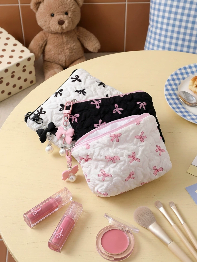 Cosmetic Bag Organizer, Bow Accent Wallet Style, 14×10×2 cm, Lightweight Portable