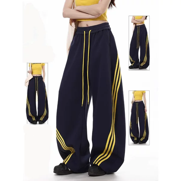Plus Size 150kg American Style Three-Stripe Curved Knife Sweatpants for Women, Spring and Summer Thin Loose Dance Wide-Leg Casual Sports Pants