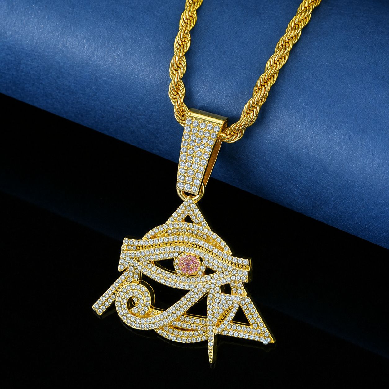 Nuevo colgante de diamantes de imitación de aleación Horus Eye con collar de giro de 5MM joyería de hip-hop para hombres al por mayor
