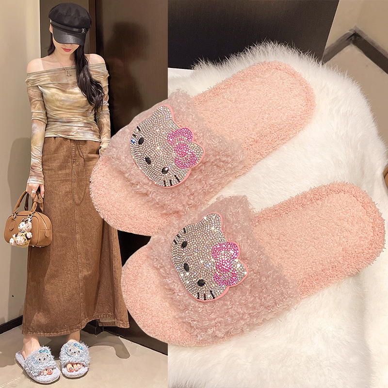 Autumn and Winter Home Soft-Soled Comfortable Furry Slippers Cute Soft Cartoon Kt Cat Outdoor Wear-Resistant Non-Slip Cotton Slippers for Women