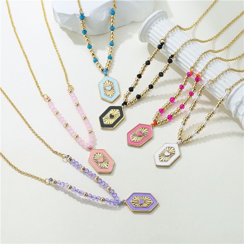 Hexagon Color Drop Nectarine Heart Beads Copper Necklace Wholesale Nihaojewelry