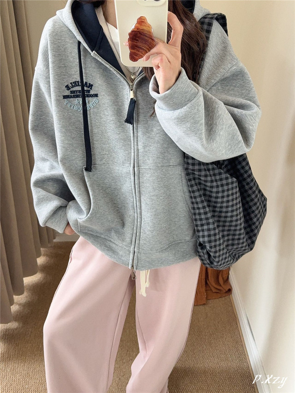 016 慵懒风撞色连帽卫衣女秋季新款植绒字母开衫拉链女式外套百搭|undefined