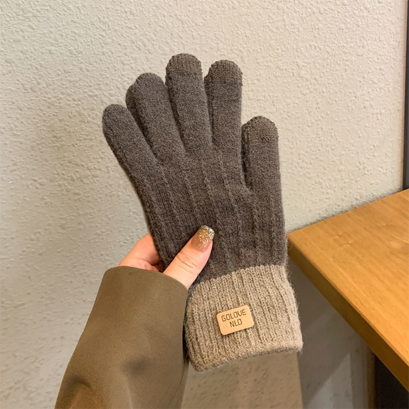 针织触屏手套女士秋冬季保暖防滑加绒手套加厚韩版男女通毛线手套