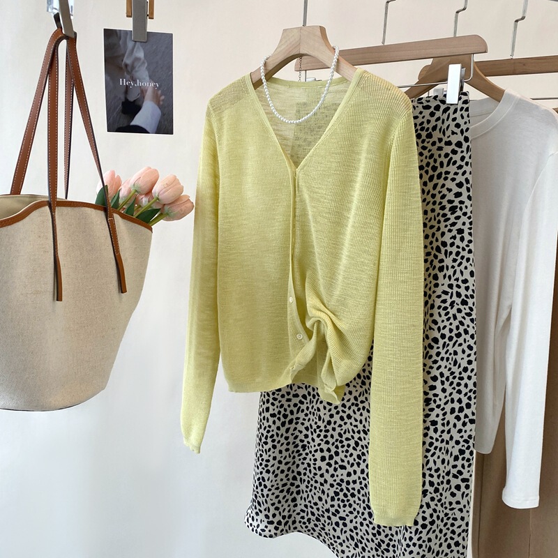 25 Spring and Summer New Korean Style Slub Dopamine Color Sun Protection Cardigan Women's Judi Texture Long Sleeve V-Neck 24055