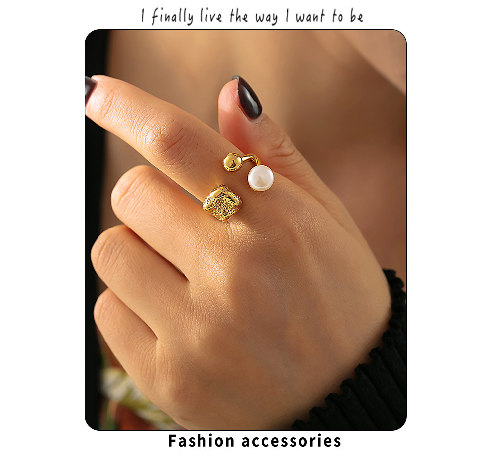 Quadratischer Zuckerring aus Titanstahl mit offener Öffnung und Imitationsperle, glatter, kugelförmiger, personalisierter Ring_voghion.com