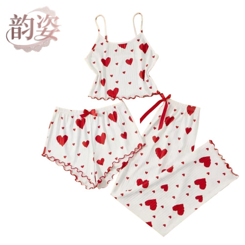 Cross-Border 2026 New Knitted Pajamas for Women, Autumn and Winter Sexy Camisole Underwear, Shorts and Long Pants Set, Loungewear Wholesale