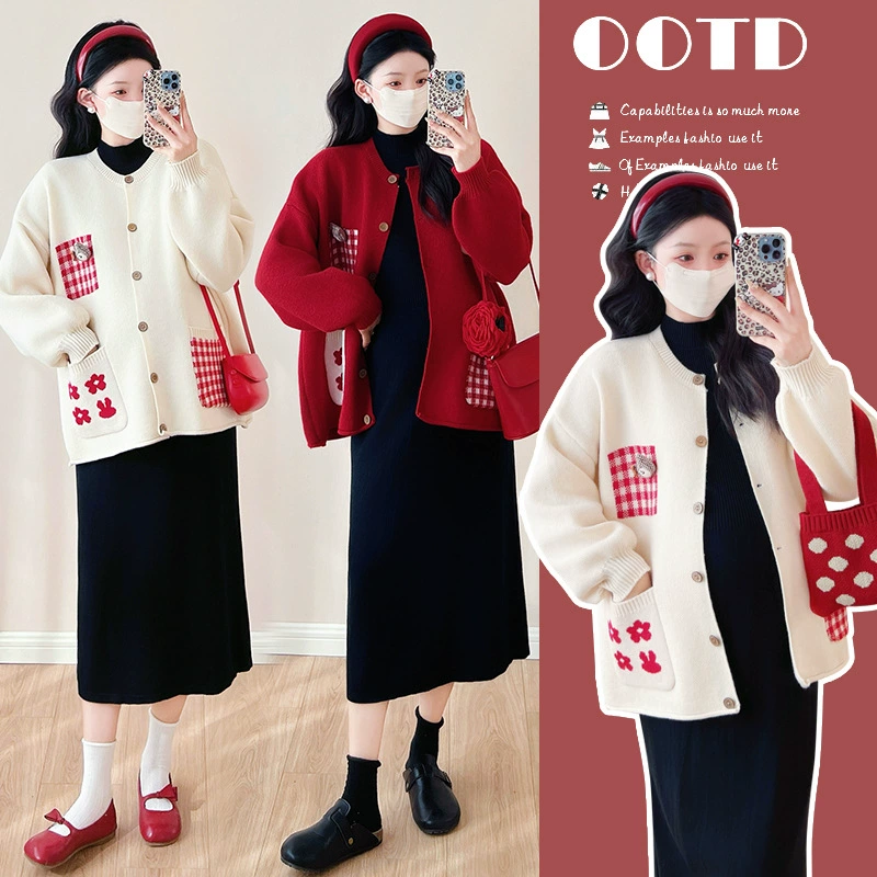 Реальный выстрел модной беременной зимой новый трехмерный карман медвежонок куртка в полоску расширенное платье из двух частей