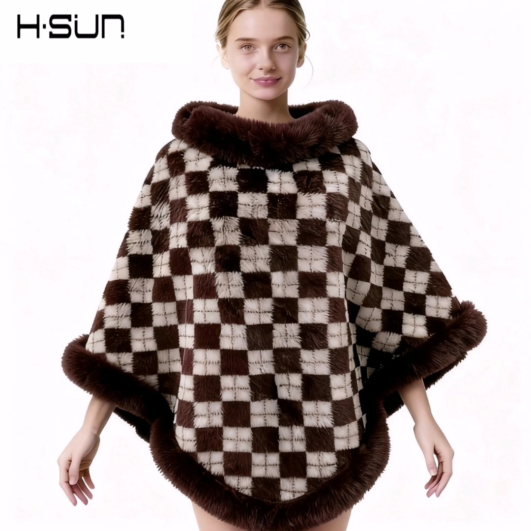 2024 otoño e invierno cuello de piel irregular a cuadros capa de contraste capa chal de mujer más capa de lana capa de terciopelo