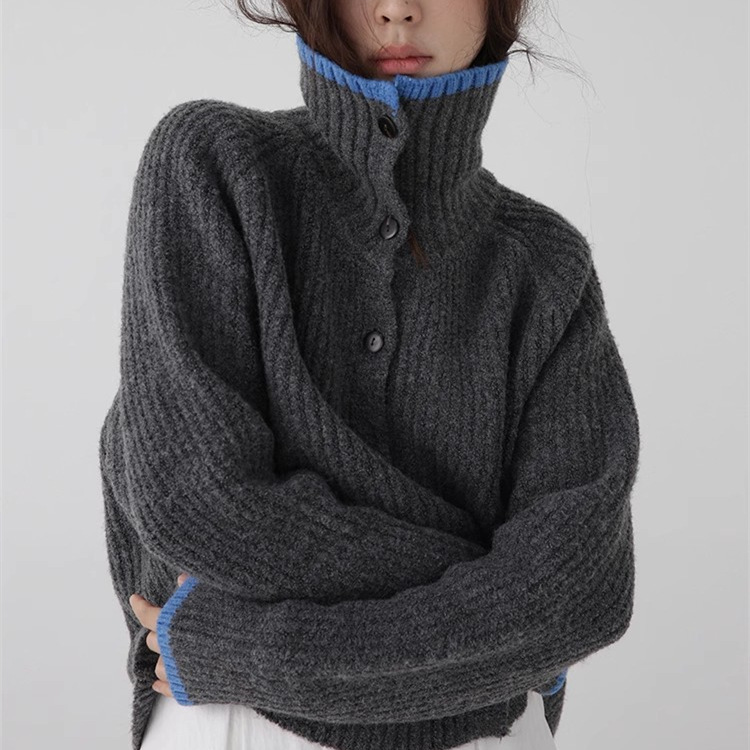 灰色高领针织毛衣外套女秋冬2024新款韩系小个子宽松针织开衫女装