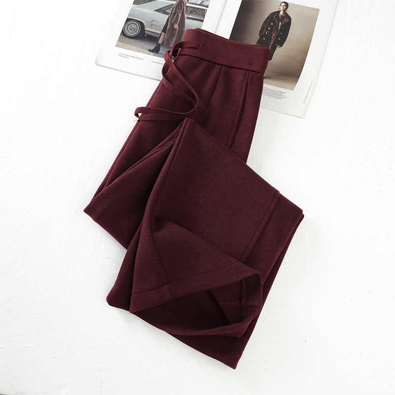 안코 라 레드 울 바지 여성 2024 새로운 가을과 겨울 느슨한 넓은 다리 바지 겨울 울 스트레이트 바지