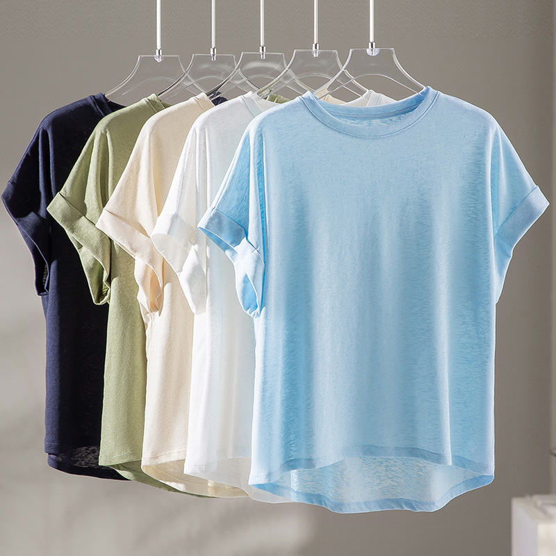 Lazy Style Wind-Resistant Linen Short-Sleeve T-Shirt for Women, Loose Round Neck Slim-Fit Top, Comfortable, Moisture-Wicking, Breathable, 26 Summer New Model