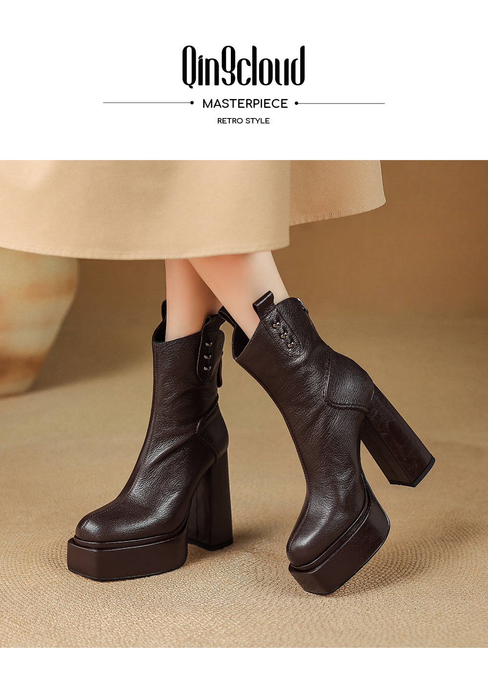 Boot nữ cổ thấp mũi vuông gót vuông cao 9 cm, đế platform, lót nhung ấm mùa thu đông — Lớp lót nhung đen chi tiết 2