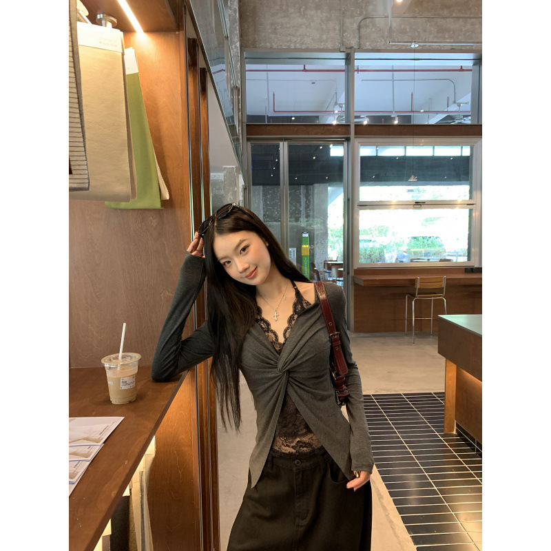 法式纯欲风蕾丝拼接纽结长袖t恤女早秋收腰显瘦假两件打底衫上衣|undefined