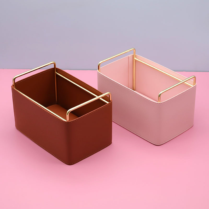 跨境金属pu皮革收纳盒笔筒餐厅酒店收纳筐桌面杂物高档皮质收纳盘