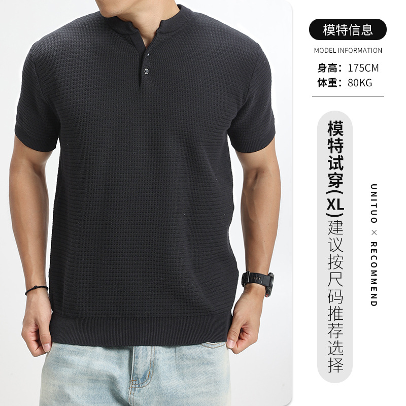 Cross-border hombre lujoso ligero Vogue punto de manga corta Henry cuello botón media manga camiseta de alta calidad europea y americana ropa de hombre