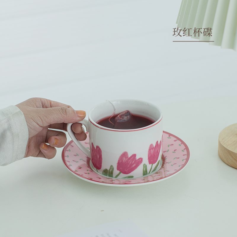 コーヒーマグ韓国ディナープレートアフタヌーンティーチューリップピンクセットレトロカップガーリーハートドリンクセラミックカップ|undefined