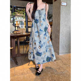 新中式吊带连衣裙水墨画扎染小众设计文艺国风长裙度假风拍照裙子