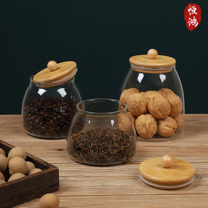 cubierta de madera de bambú transparente alta borosilicona vidrio lata de té sellado lata de almacenamiento condimento lata de almacenamiento de almacenamiento lata de té