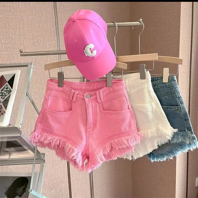 Mid-Waist Korean Style Casual Fringe Hot Pants with Frayed Edges, Summer Ripped Trendy 2026 Spicy Girl Pink Denim Shorts