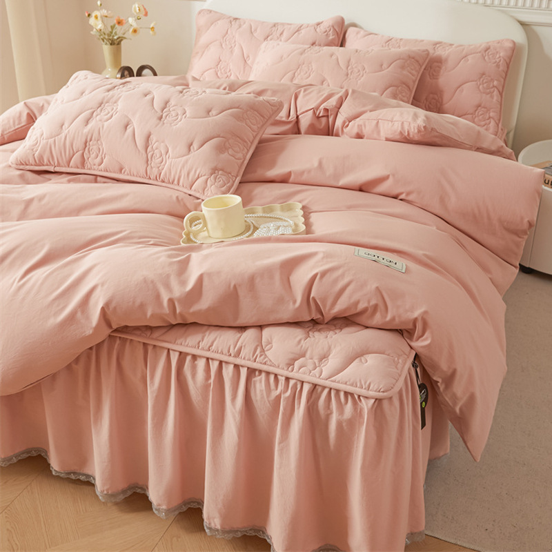 Pure Cotton Washed Cotton Soybean Quilted Bed Skirt Four-Piece Set Pure Cotton Thickeneded Bed Bed Sheets Quilt Cover Four-Season Bedding