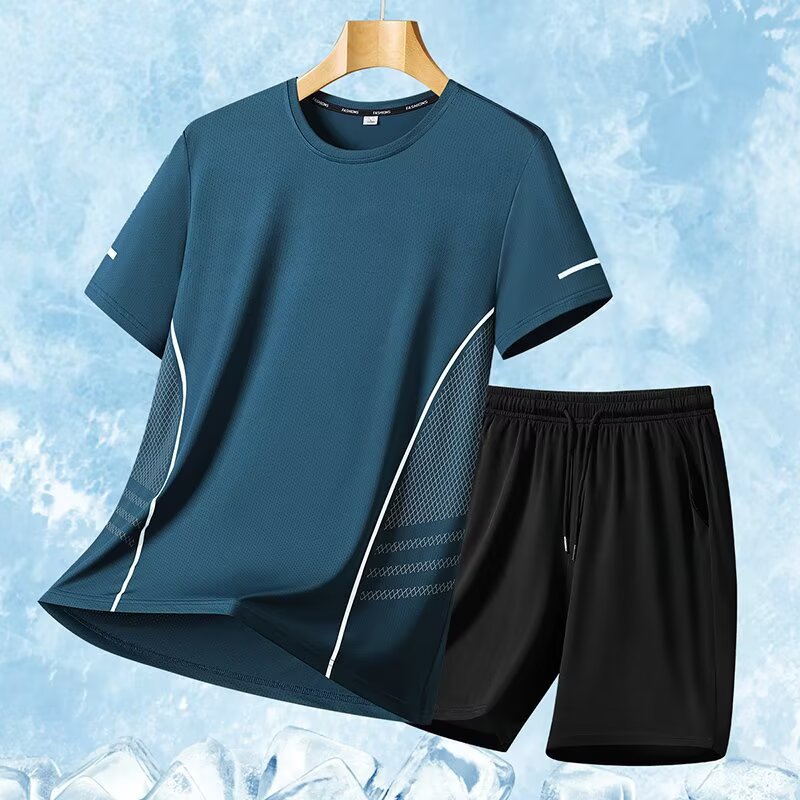 Trajes deportivos para hombres hielo veloz ropa seca camiseta de fitness correr mangas cortas pantalones cortos trajes de entrenamiento fábrica transfronteriza al por mayor