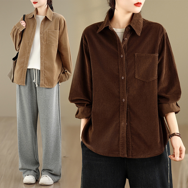 Real shot of the 2026 new vintage corduroy shirt with a stylish turn-down collar, long sleeves, single-breasted top, casual cardigan jacket