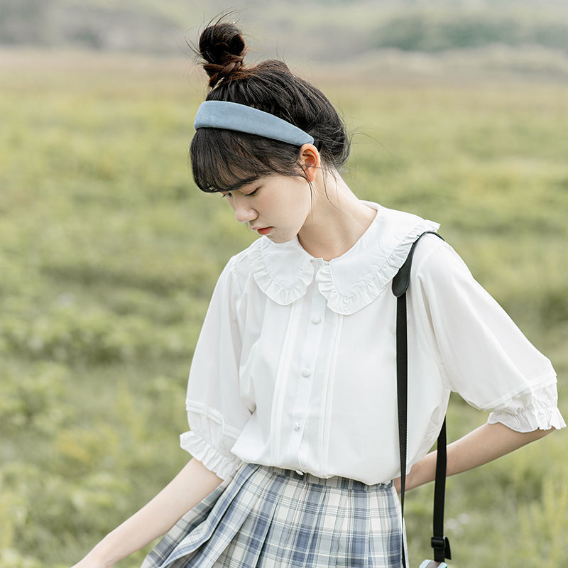 Fresh and Sweet Women's jk Shirt White Lace Doll Collar Chiffon Summer Student Short-sleeved All-match College Style Top