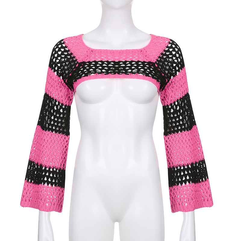 Ebay Amazon Foreign Trade European and American Women's Crewneck Stripe Color-matching Hollow Blouse Fashion Short Long Sleeve Knitted Sweater