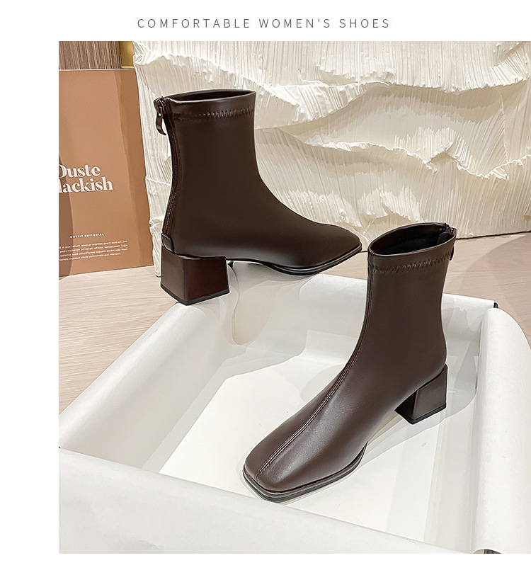 Courtes en cuir véritable pour femmes, nouvelle botte française haute et fine, tête carrée épaisse, printemps et automne 2024_voghion.com