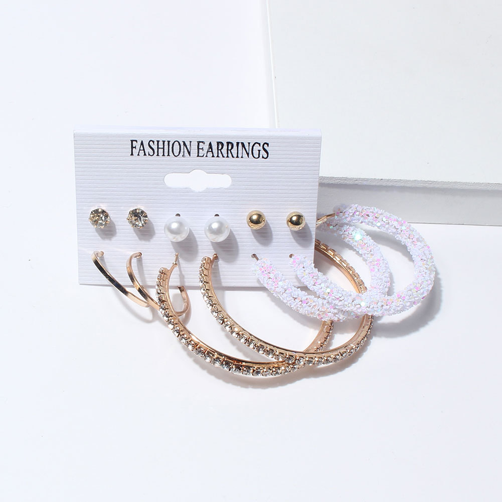 European And American 6 Pairs Of Earrings Set Sequins Rhinestone Big Earrings Wholesale display picture 4