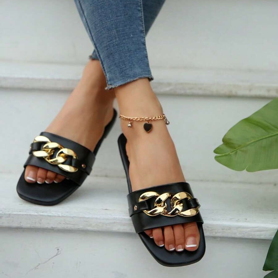 Zapatillas Planas de Punta Cuadrada para Mujer de Cuero Sintético, Resistente al Desgaste, para Uso Diario