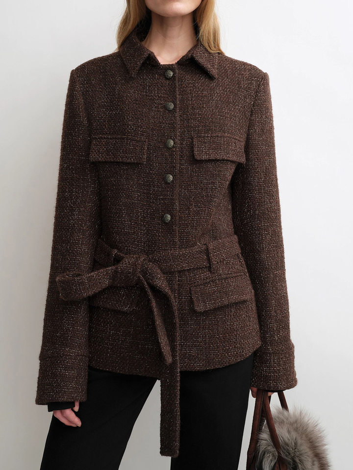 Áo khoác nữ dáng ôm kiểu sơ mi chất liệu dạ tweed lông cừu kèm thắt lưng, dài tay, cổ vest — Màu đỏ rượu Port