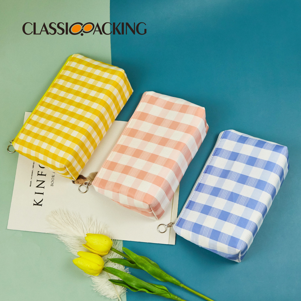 Versión coreana del bolso de mano simple, bolso de almacenamiento portátil con cremallera de gran capacidad, bolso de maquillaje de tela a cuadros multifuncional portátil para mujer