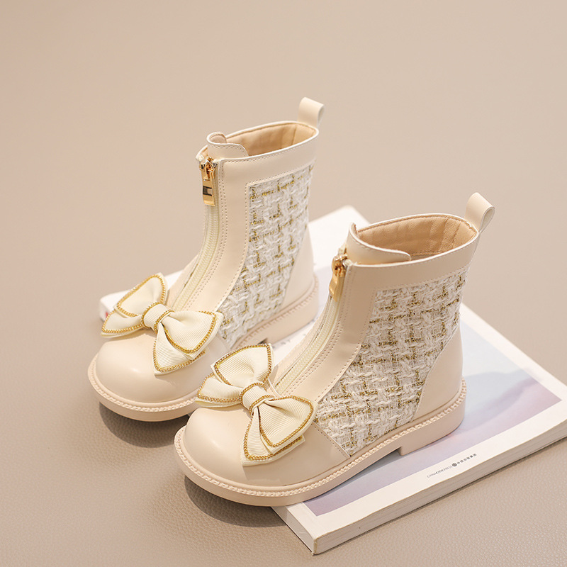 Chaussures pour enfants hiver nouveau style plus bottes simples en velours pour enfants petites filles bottes courtes bottes en cuir à la mode avec nœud_voghion.com