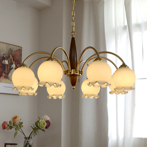 Chinese antique living room chandelier creative solid wood dining room bedroom lamp Japanese retro American-style guesthouse copper-colored floral glass lamp