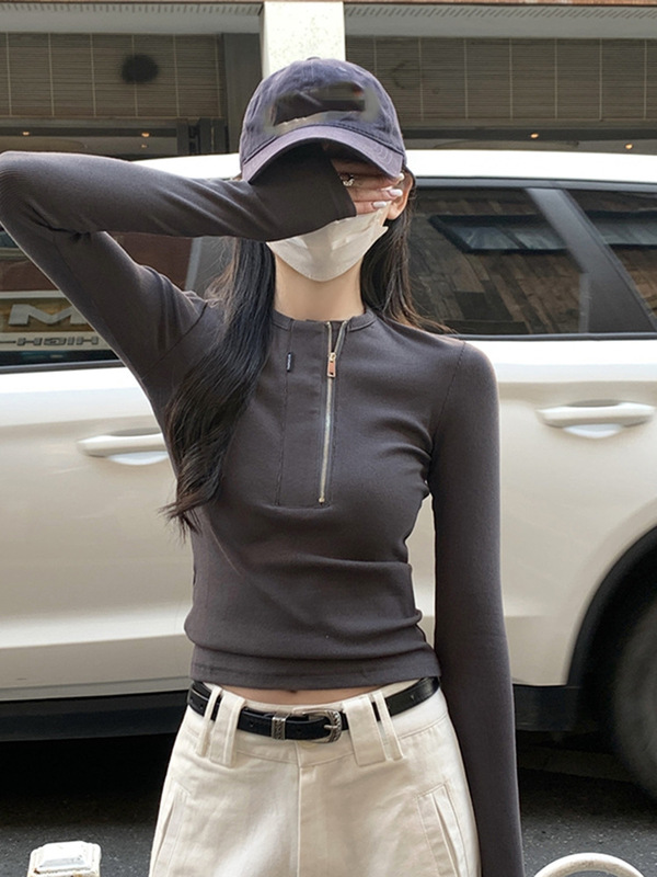 美式打底长袖上衣女早秋爵士短款辣妹酷飒拽姐掐腰T恤搭配工装裤|undefined